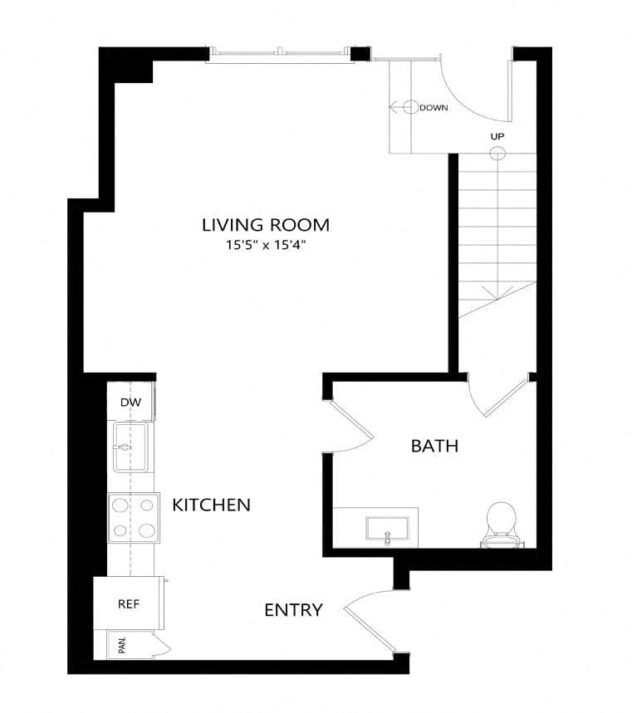 Rendering of the LW5 floor plan with 1 bedroom[s] and 1.5 bathroom[s] at Windsor Queen Anne