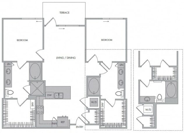 Rendering of the M floor plan with 2 bedroom[s] and 2 bathroom[s] at 1000 Grand by Windsor