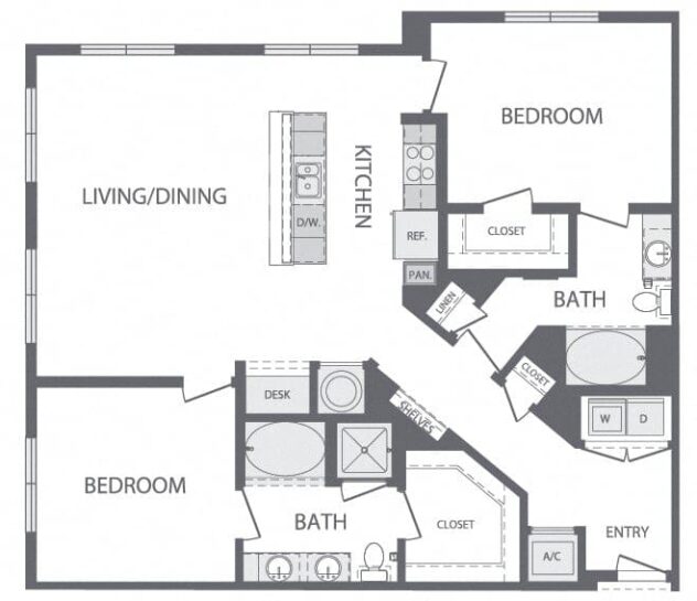 Rendering of the M floor plan with 2 bedroom[s] and 2 bathroom[s] at Windsor at Cambridge Park