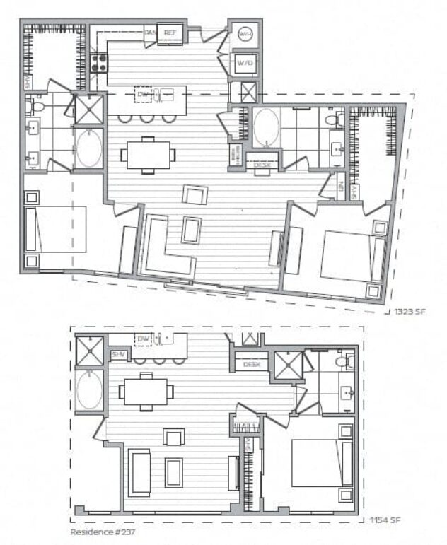 Rendering of the M floor plan with 2 bedroom[s] and 2 bathroom[s] at Windsor Mystic River