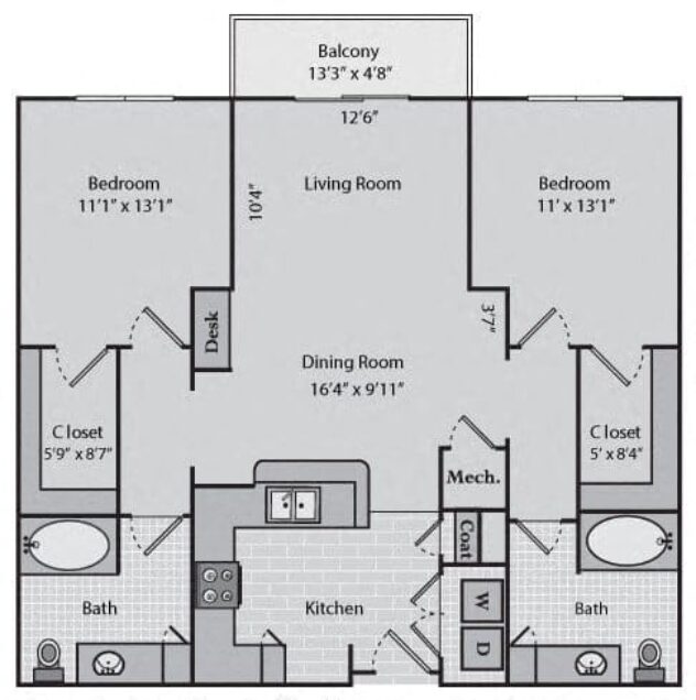 Rendering of the Madison floor plan with 2 bedroom[s] and 2 bathroom[s] at Windsor Brookhaven