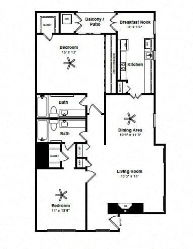 Rendering of the Mardi Gras floor plan with 2 bedroom[s] and 2 bathroom[s] at Allen House Apartments