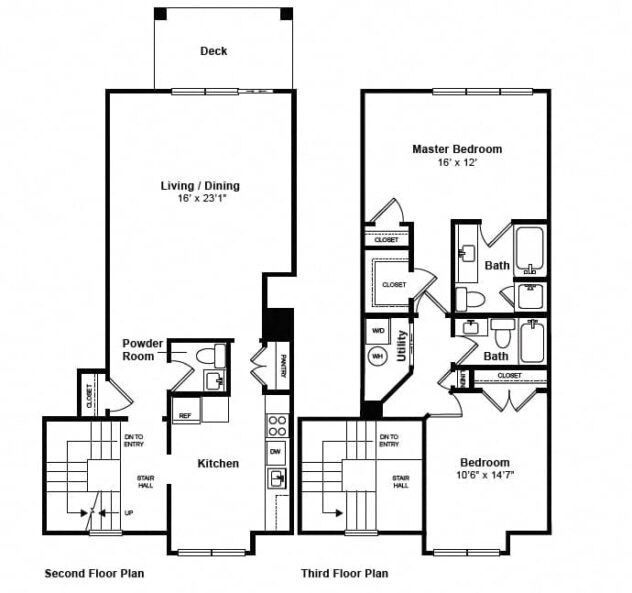 Rendering of the Marietta Townhome floor plan with 2 bedroom[s] and 2.5 bathroom[s] at Windsor at Mariners