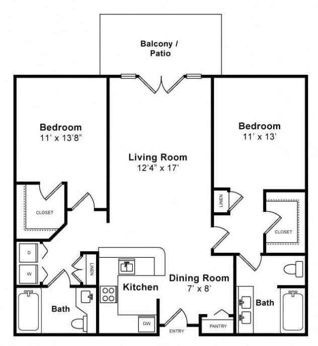 Rendering of the Martin and Lewis floor plan with 2 bedroom[s] and 2 bathroom[s] at Windsor at Hancock Park