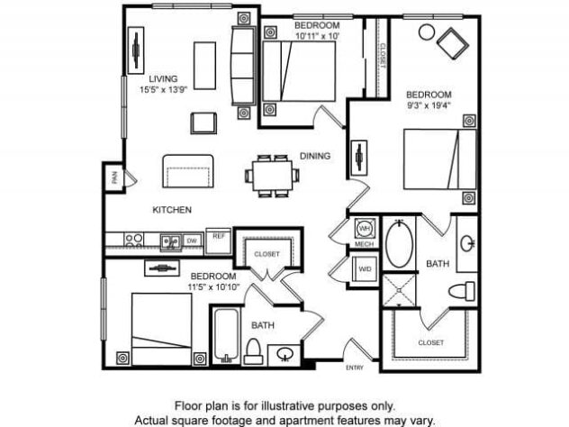 Rendering of the Melbourne floor plan with 3 bedroom[s] and 2 bathroom[s] at The Ridgewood by Windsor