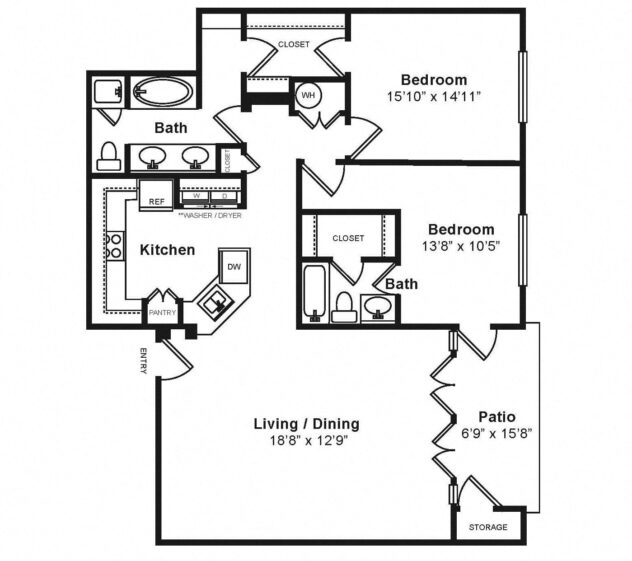 Rendering of the Milano floor plan with 2 bedroom[s] and 2 bathroom[s] at Windsor at Midtown