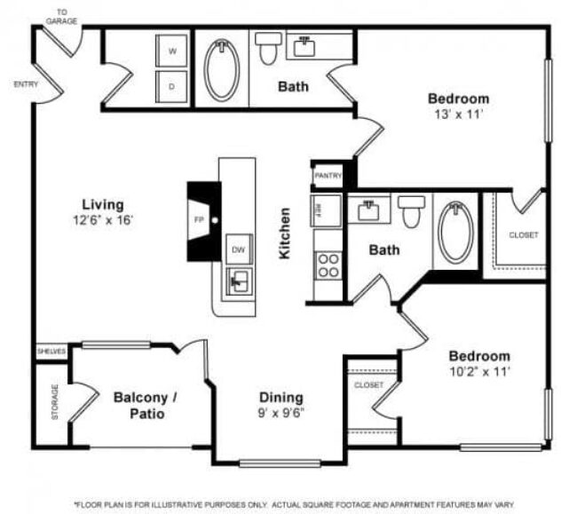 Rendering of the Miraval floor plan with 2 bedroom[s] and 2 bathroom[s] at The Estates at Park Place