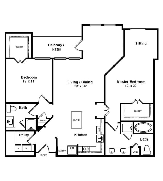 Rendering of the Montecito floor plan with 2 bedroom[s] and 2 bathroom[s] at The Monterey by Windsor