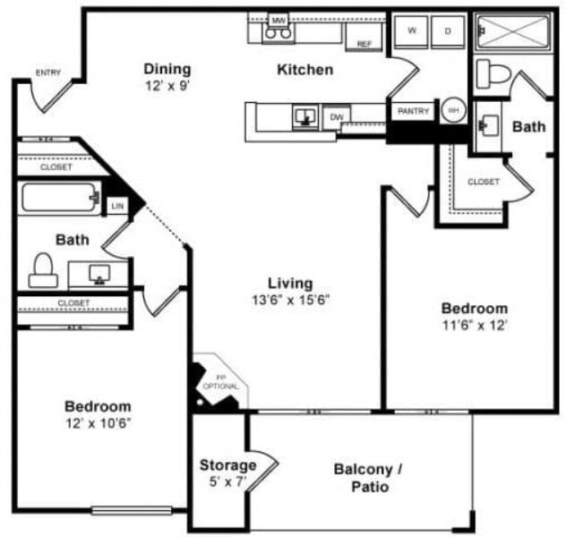 Rendering of the Monterey floor plan with 2 bedroom[s] and 2 bathroom[s] at Mission Pointe by Windsor