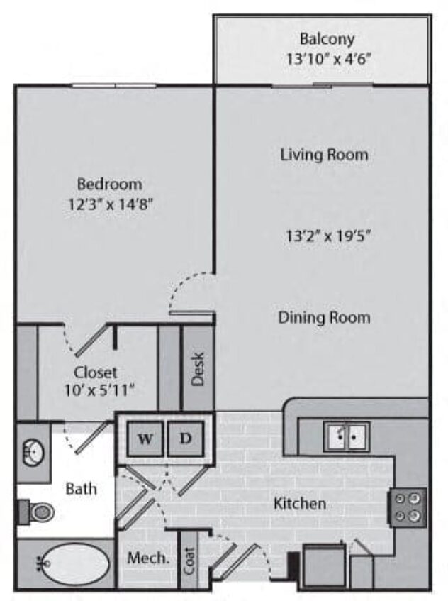 Rendering of the Mulberry floor plan with 1 bedroom[s] and 1 bathroom[s] at Windsor Brookhaven