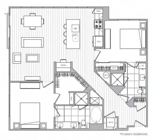 Rendering of the N floor plan with 2 bedroom[s] and 2 bathroom[s] at Windsor Mystic River