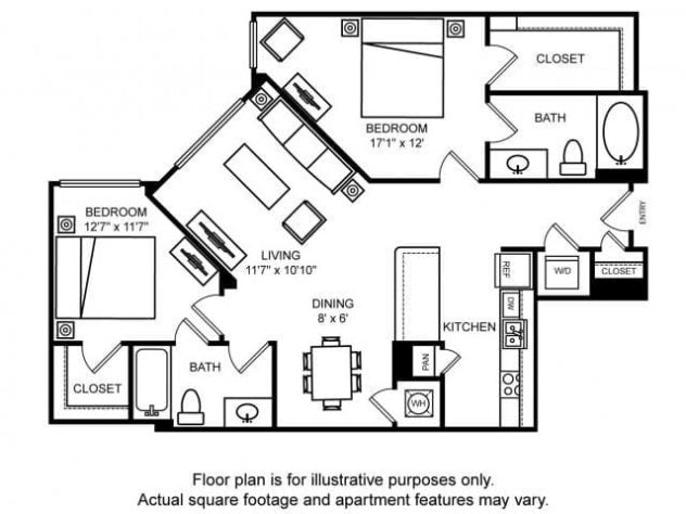 Rendering of the Newbury floor plan with 2 bedroom[s] and 2 bathroom[s] at The Ridgewood by Windsor