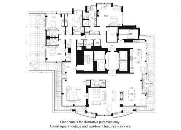 Rendering of the North 3301 Penthouse floor plan with 4 bedroom[s] and 4.5 bathroom[s] at The Bravern