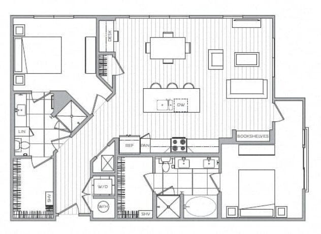 Rendering of the O floor plan with 2 bedroom[s] and 2 bathroom[s] at Windsor Mystic River