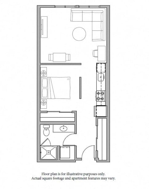 Rendering of the O2 Open 1 Bed North floor plan with 1 bedroom[s] and 1 bathroom[s] at The Whittaker