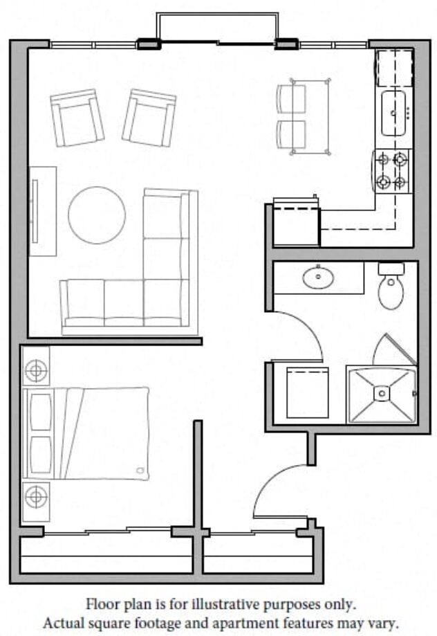 Rendering of the O3 Open Bed-1 North floor plan with 1 bedroom[s] and 1 bathroom[s] at The Whittaker