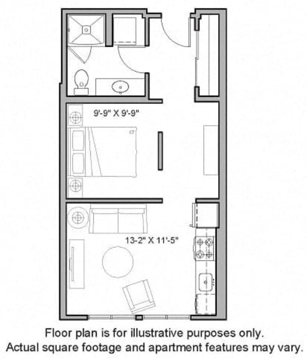 Rendering of the O4 1 Bed South floor plan with 1 bedroom[s] and 1 bathroom[s] at The Whittaker