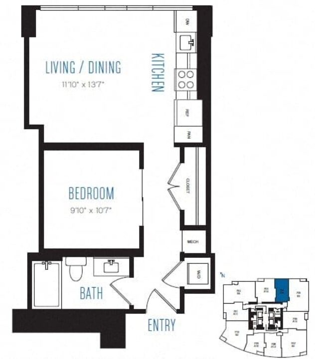 Rendering of the O9 floor plan with 1 bedroom[s] and 1 bathroom[s] at Stratus