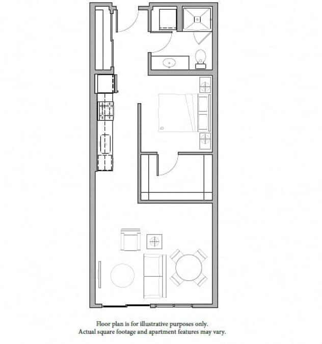 Rendering of the O9 Open 1 Bed North floor plan with 1 bedroom[s] and 1 bathroom[s] at The Whittaker