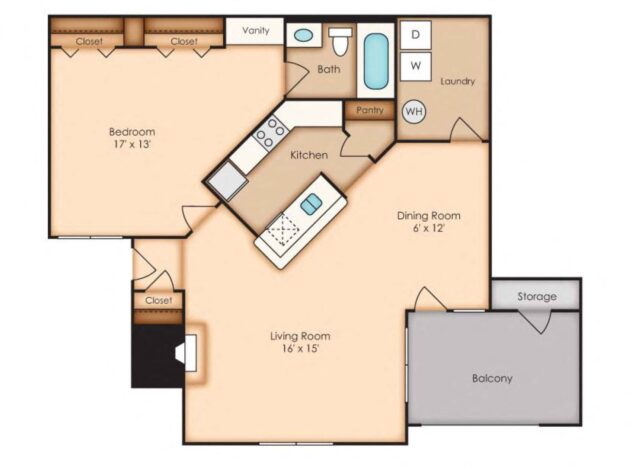 Rendering of the Oaks (A2) floor plan with 1 bedroom[s] and 1 bathroom[s] at Windsor Oak Creek