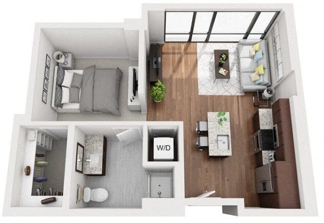 Rendering of the OC floor plan with a Studio bedroom and 1 bathroom[s] at 1000 Speer By Windsor