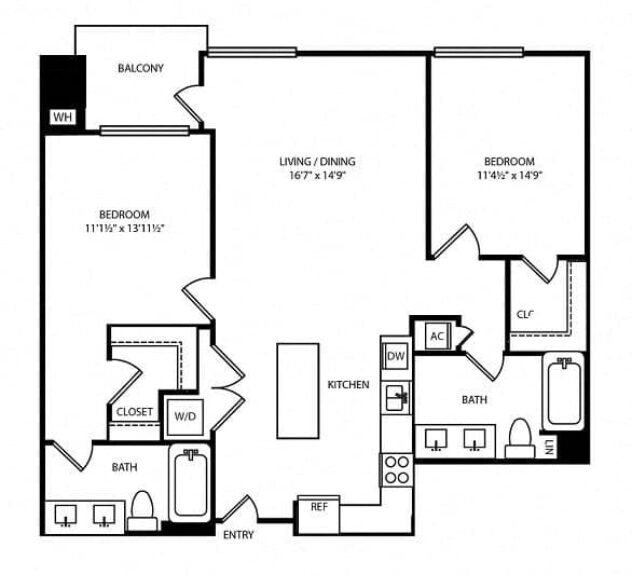 Rendering of the Ocean floor plan with 2 bedroom[s] and 2 bathroom[s] at Boardwalk by Windsor