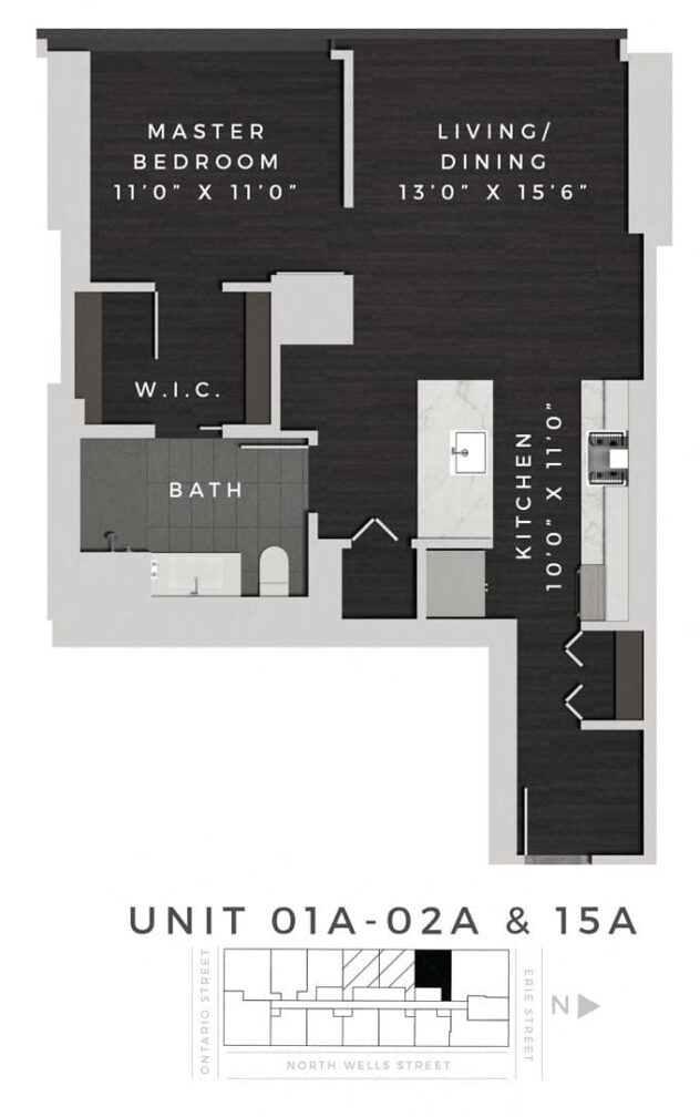 Rendering of the One Bedroom 01A +02A + 15A floor plan with 1 bedroom[s] and 1 bathroom[s] at 640 North Wells