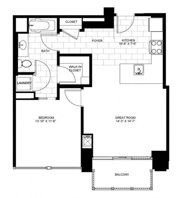 Rendering of the One Bedroom 05 A & B floor plan with 1 bedroom[s] and 1 bathroom[s] at Flair Tower