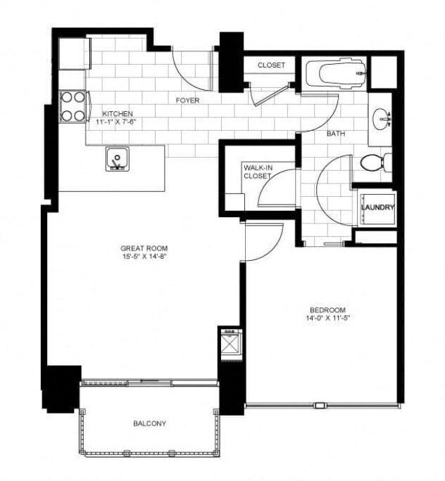 Rendering of the One Bedroom 06 floor plan with 1 bedroom[s] and 1 bathroom[s] at Flair Tower