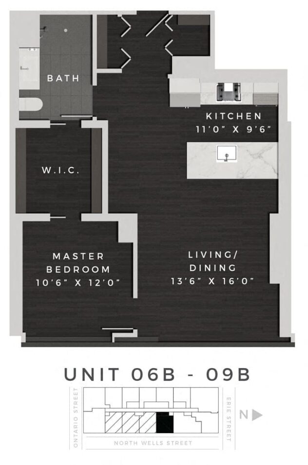 Rendering of the One Bedroom 06B - 09B floor plan with 1 bedroom[s] and 1 bathroom[s] at 640 North Wells