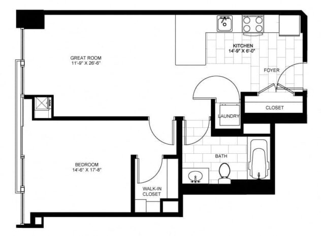 Rendering of the One Bedroom 08 floor plan with 1 bedroom[s] and 1 bathroom[s] at Flair Tower