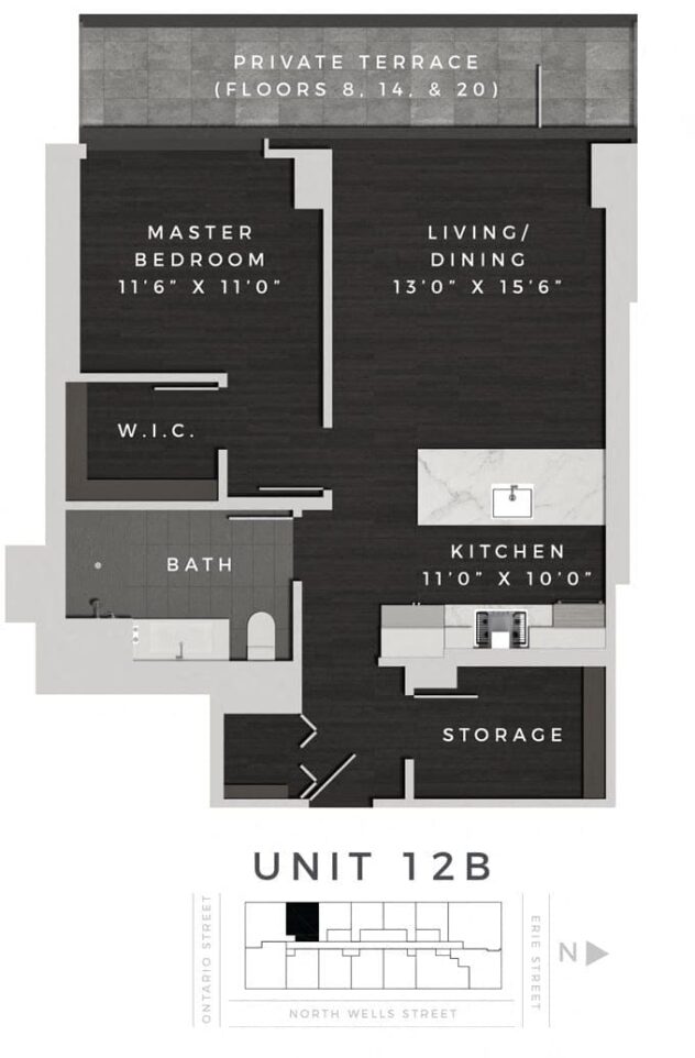 Rendering of the One Bedroom 12B floor plan with 1 bedroom[s] and 1 bathroom[s] at 640 North Wells