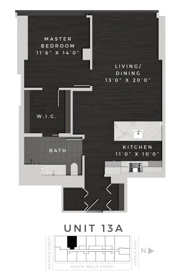 Rendering of the One Bedroom 13A floor plan with 1 bedroom[s] and 1 bathroom[s] at 640 North Wells