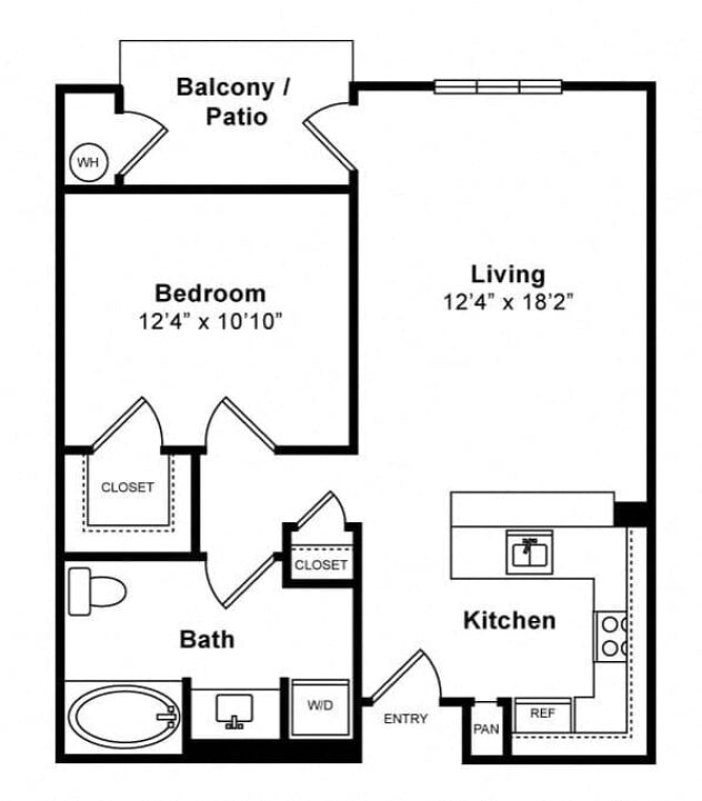 Rendering of the One Bedroom floor plan with 1 bedroom[s] and 1 bathroom[s] at Windsor Lofts at Universal City