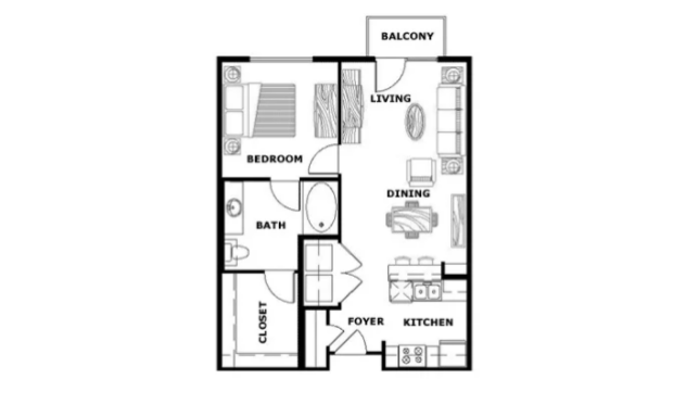 Rendering of the One Bedroom floor plan with 1 bedroom[s] and 1 bathroom[s] at Terraces at Paseo Colorado