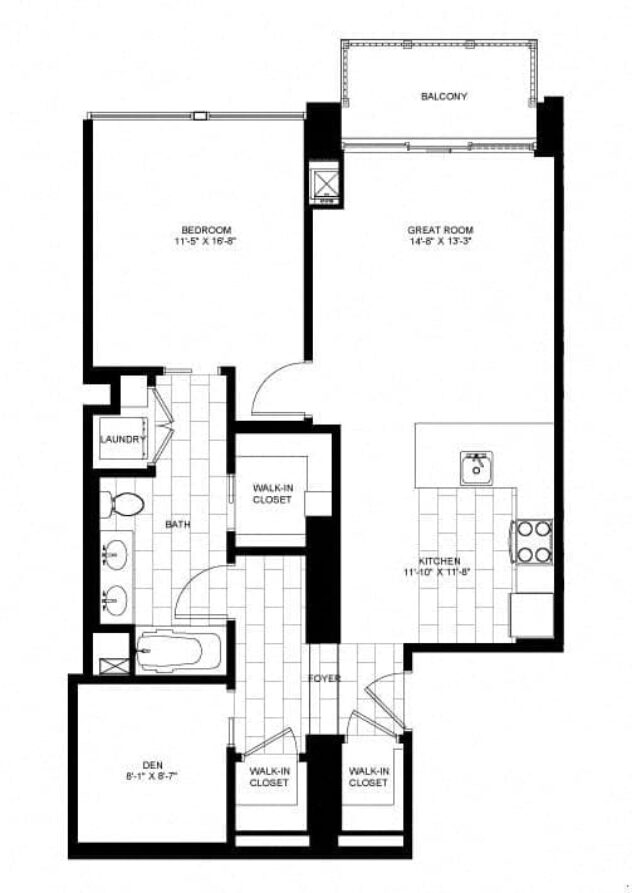 Rendering of the One Bedroom w Den 01 floor plan with 1 bedroom[s] and 1 bathroom[s] at Flair Tower