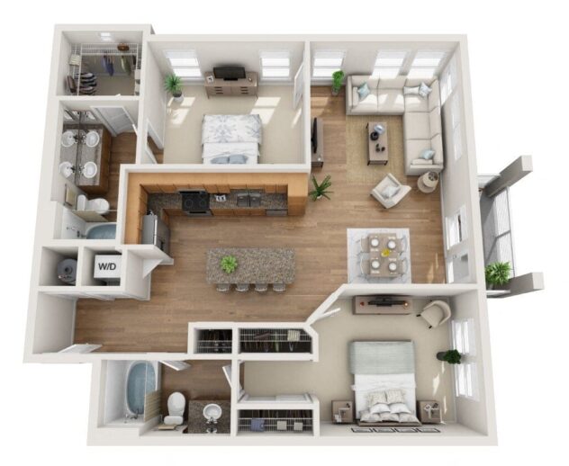 Rendering of the Oro floor plan with 2 bedroom[s] and 2 bathroom[s] at Element 47 by Windsor