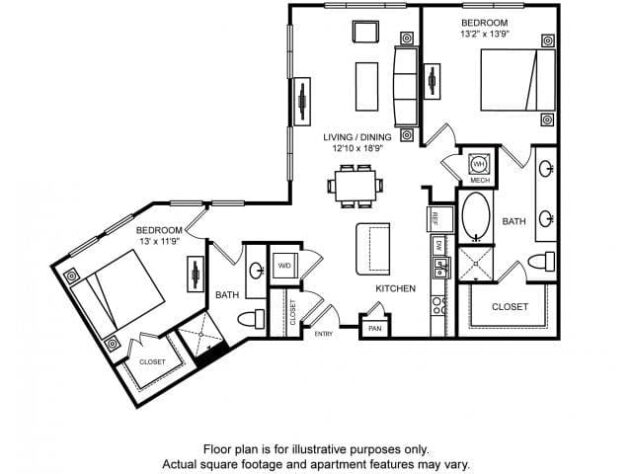 Rendering of the Oxford floor plan with 2 bedroom[s] and 2 bathroom[s] at The Ridgewood by Windsor