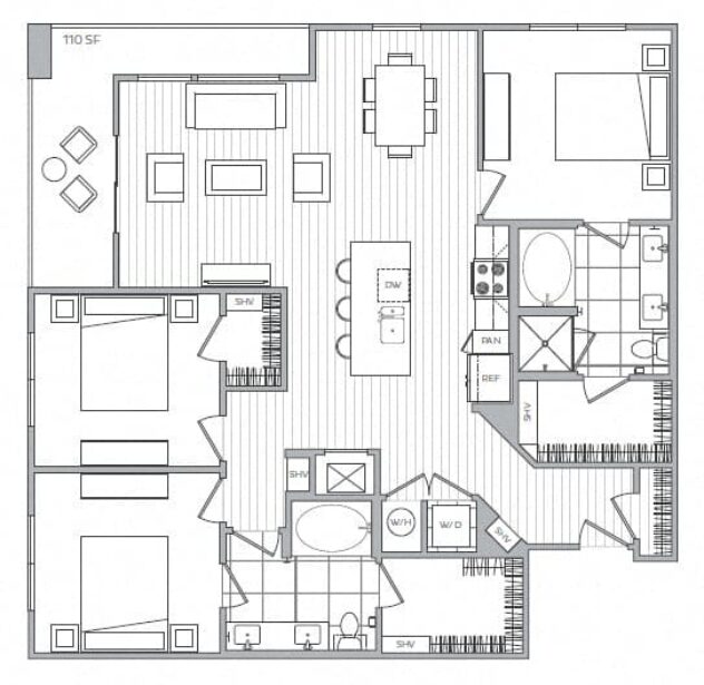 Rendering of the P floor plan with 3 bedroom[s] and 2 bathroom[s] at Windsor Mystic River