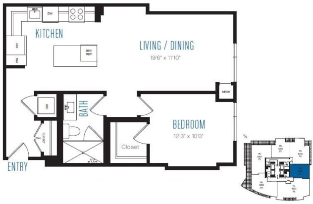 Rendering of the P1 floor plan with 1 bedroom[s] and 1 bathroom[s] at Stratus