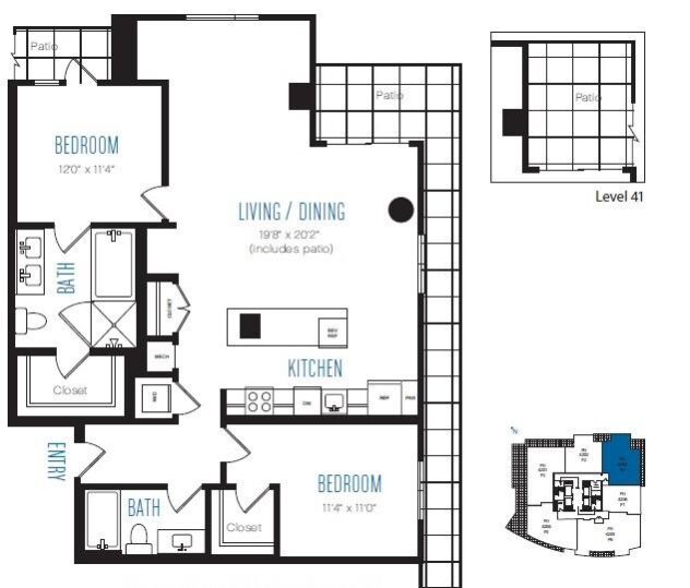 Rendering of the P4 floor plan with 2 bedroom[s] and 2 bathroom[s] at Stratus