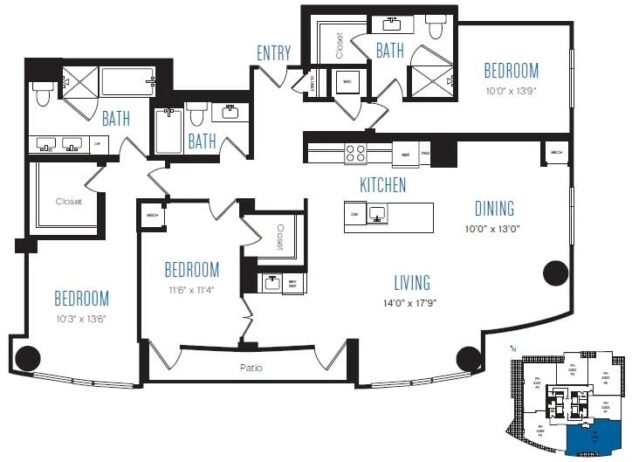 Rendering of the P6 floor plan with 3 bedroom[s] and 3 bathroom[s] at Stratus