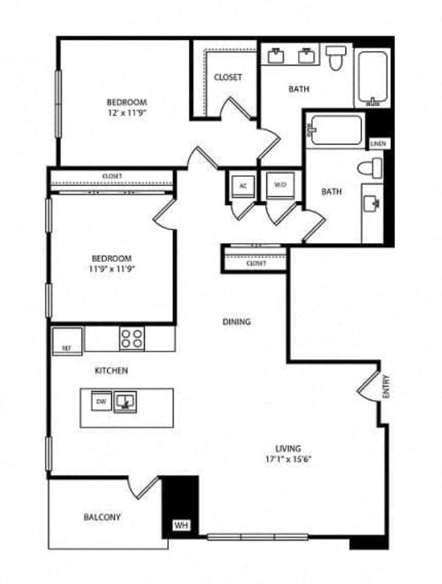 Rendering of the Palm floor plan with 2 bedroom[s] and 2 bathroom[s] at Boardwalk by Windsor