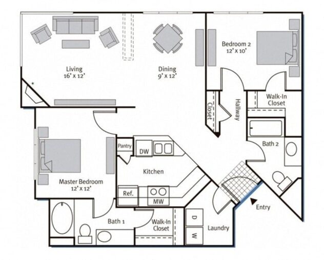 Rendering of the Parma floor plan with 2 bedroom[s] and 2 bathroom[s] at Pavona Apartments