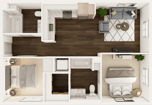 Rendering of the Passage floor plan with 2 bedroom[s] and 2 bathroom[s] at Windsor Totem Lake