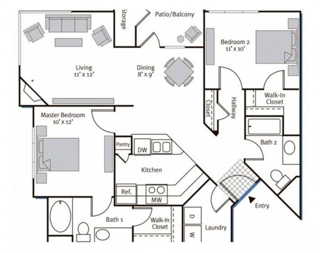 Rendering of the Passero floor plan with 2 bedroom[s] and 2 bathroom[s] at Pavona Apartments