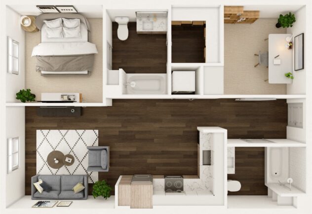 Rendering of the Peak floor plan with 1 bedroom[s] and 2 bathroom[s] at Windsor Totem Lake