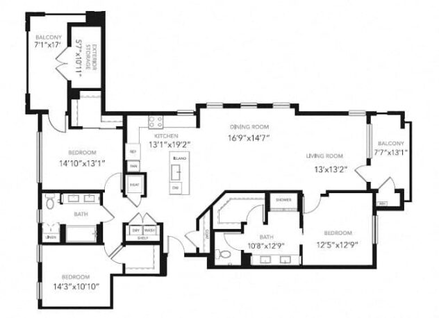 Rendering of the PH1 floor plan with 3 bedroom[s] and 2 bathroom[s] at Blu Harbor by Windsor