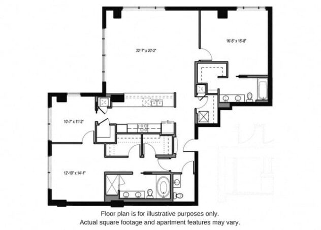 Rendering of the PH1 floor plan with 2 bedroom[s] and 2.5 bathroom[s] at The Martin