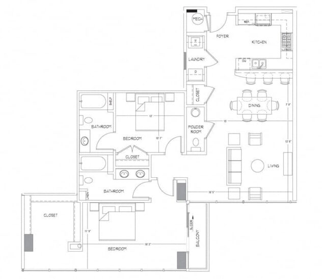 Rendering of the PH2 floor plan with 2 bedroom[s] and 2.5 bathroom[s] at Glass House by Windsor